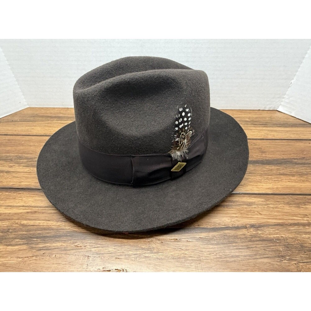 Stacy Adams Wool Fedora Hat Brown Felt Feather Ribbon Men’s Vintage Size XL